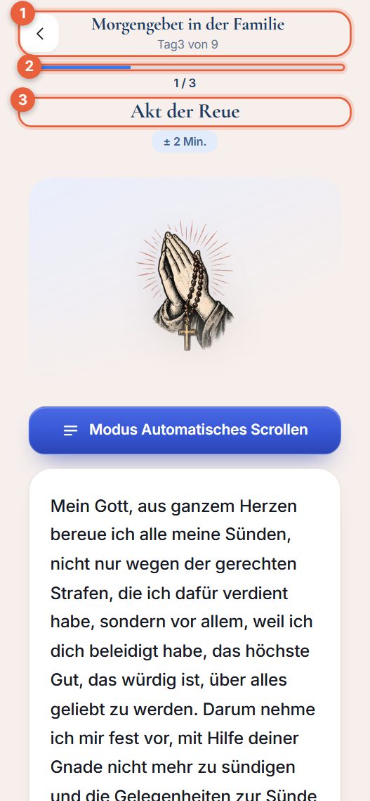 Gebete in einer Folge mit einem Fortschrittsbalken oben