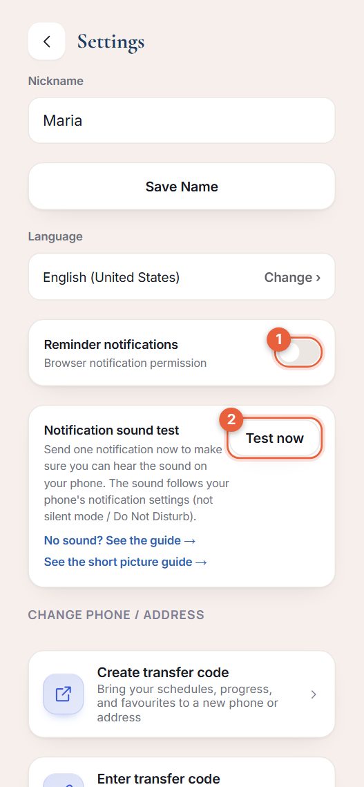 Settings screen with the Reminder notifications switch