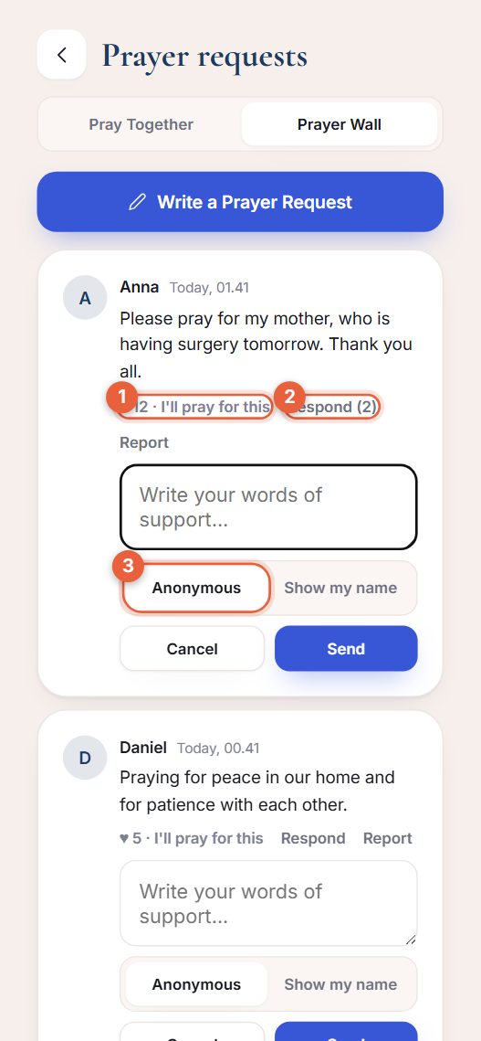 A prayer request card with responses