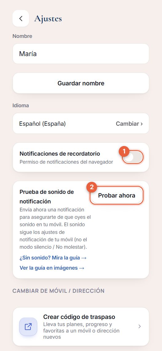 Pantalla de Ajustes con el interruptor de Notificaciones de recordatorio