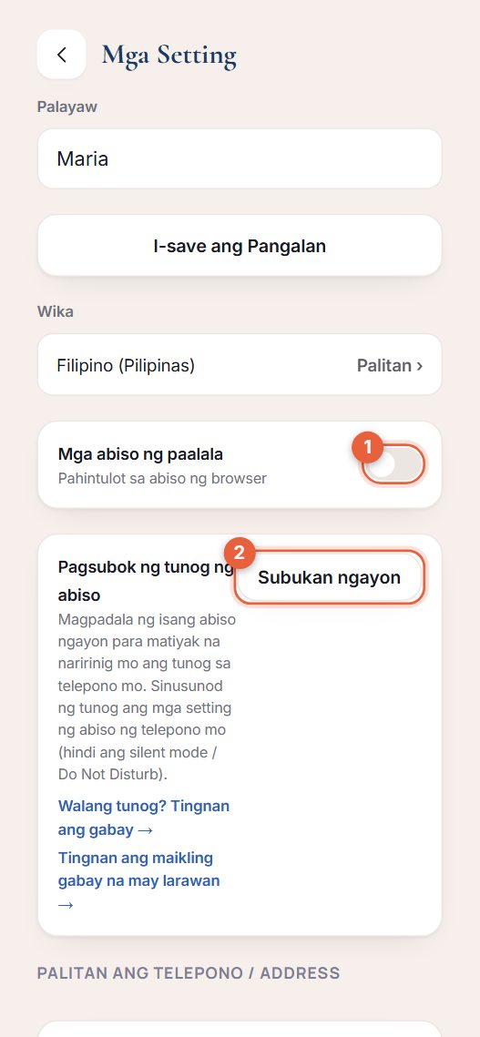 Screen ng mga setting na may switch ng mga abiso ng paalala