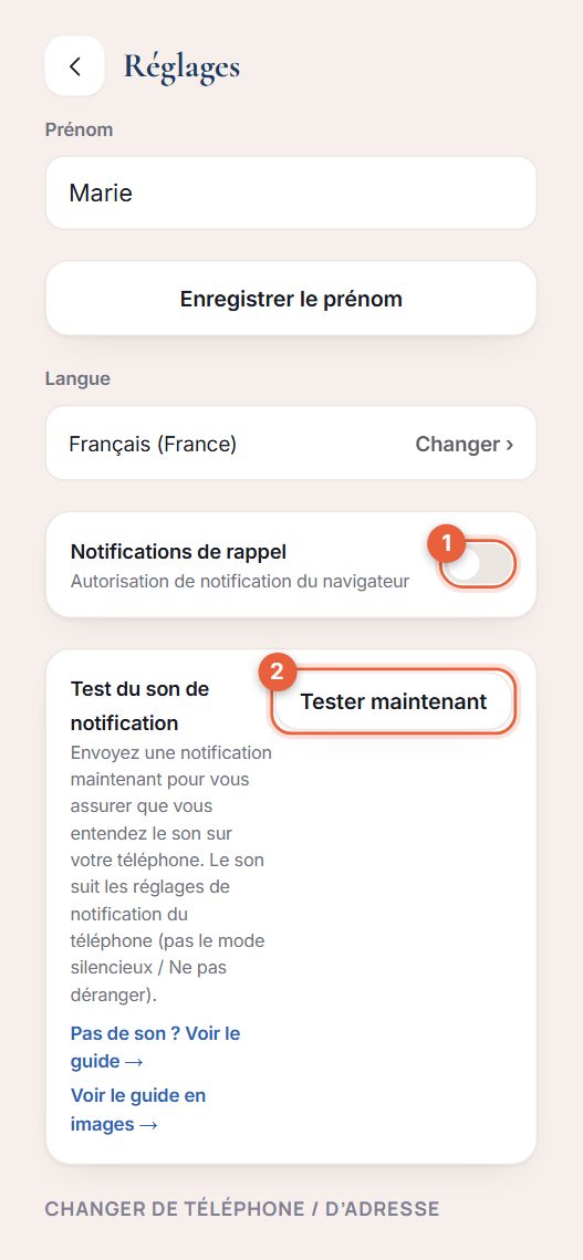 Écran Réglages avec l’interrupteur Notifications de rappel