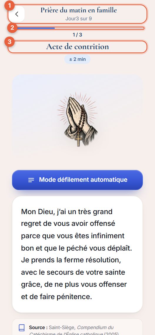 Des prières en séquence avec une barre de progression en haut