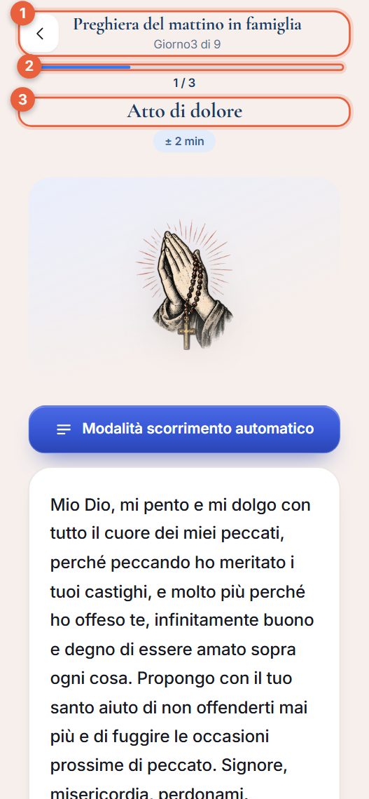 Preghiere in una sequenza con una barra di avanzamento in alto