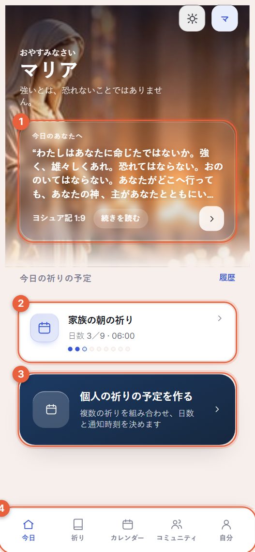 番号つき4つの部分で説明した「今日」画面の例