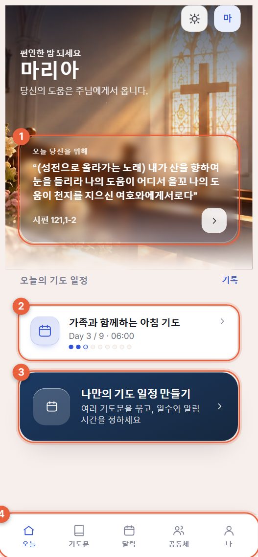 번호가 붙은 네 부분이 있는 오늘 화면 예시