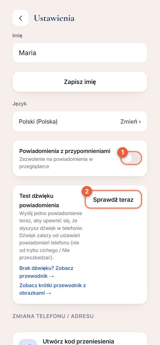 Ekran ustawień z przełącznikiem powiadomień z przypomnieniami