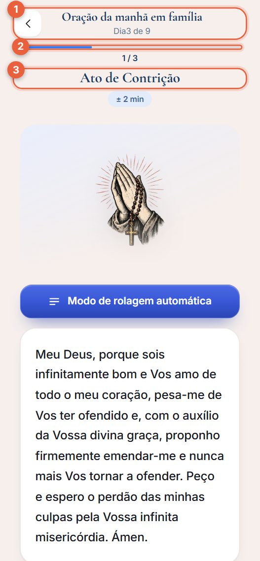 Orações em sequência com uma barra de progresso no topo