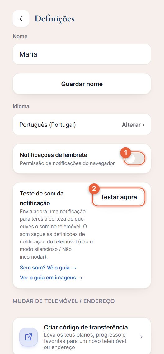 Ecrã de Definições com o interruptor de Notificações de lembrete